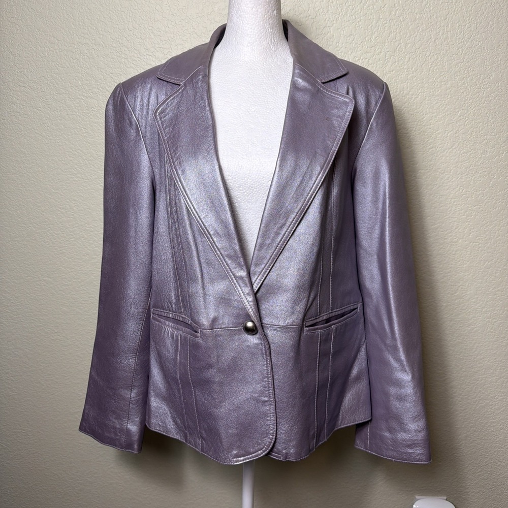Worthington Blazer Coat Womens XL Real Leather Lilac Orchid Mauve Shimmery Y2K